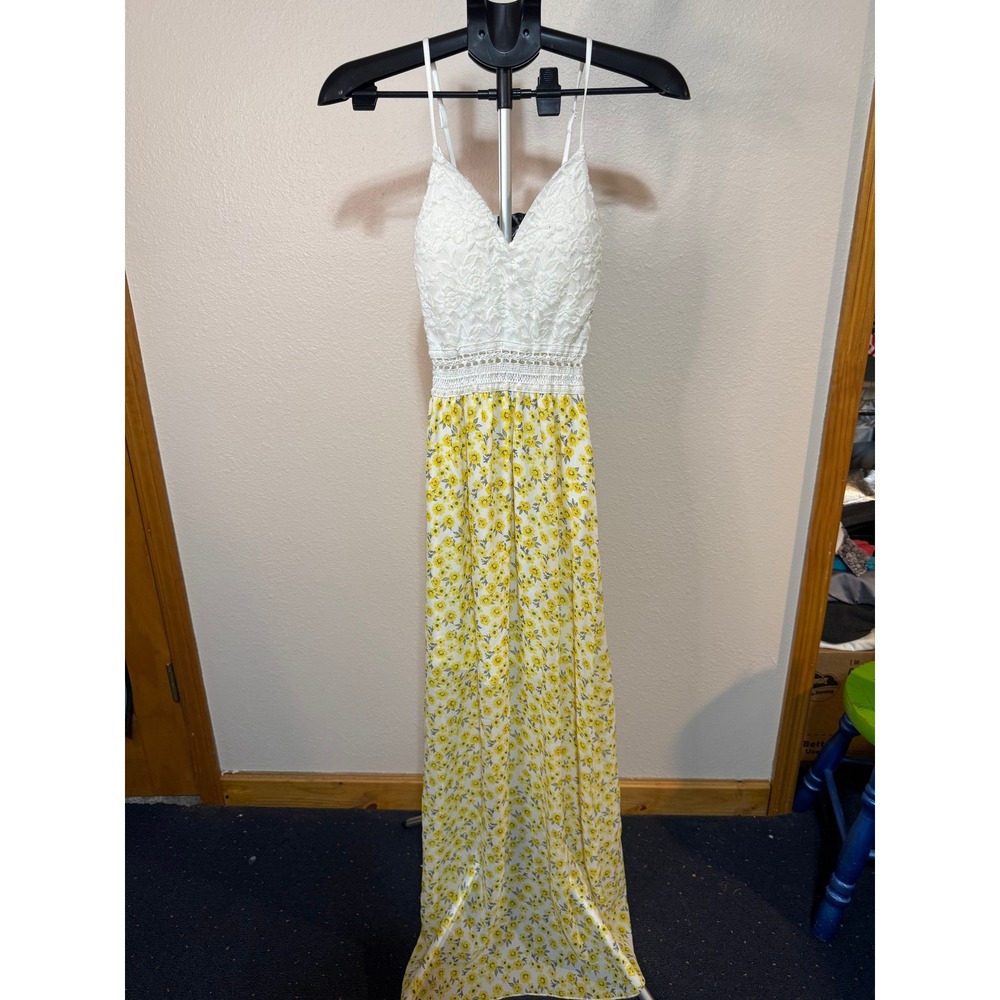 Faded Rose White Lace Yellow Floral Maxi Dress Small Boho Summer